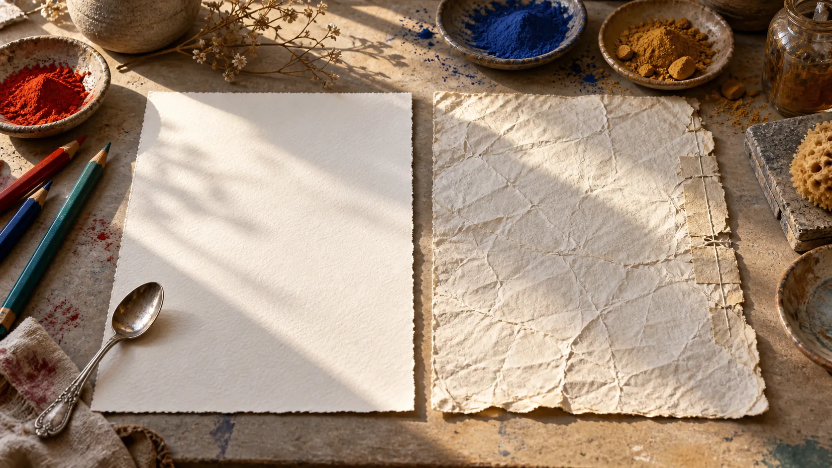 Two sheets of handmade paper lie side by side on a stone surface — one smooth and unmarked, the other deeply creased and mended — beside coloured pencils and dishes of pigment.