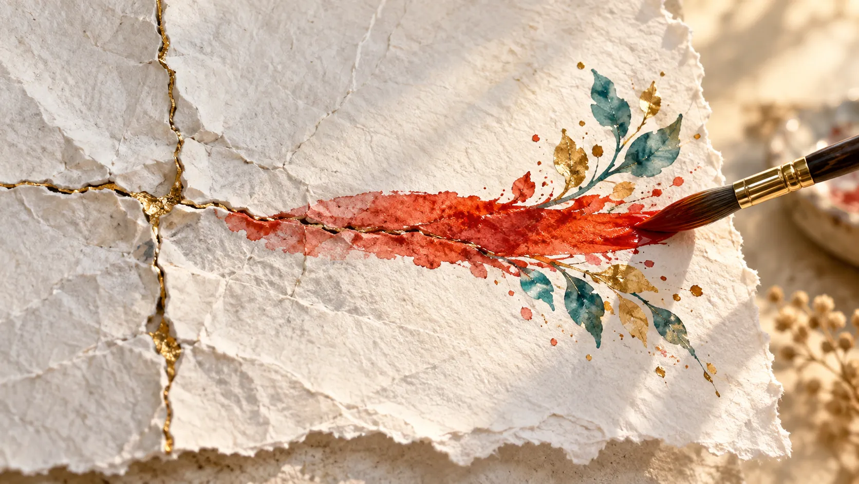 A torn sheet of handmade paper has been mended with gold along the break, and a fresh red and teal watercolour leaf has been painted across the repair; a brush rests at the edge.