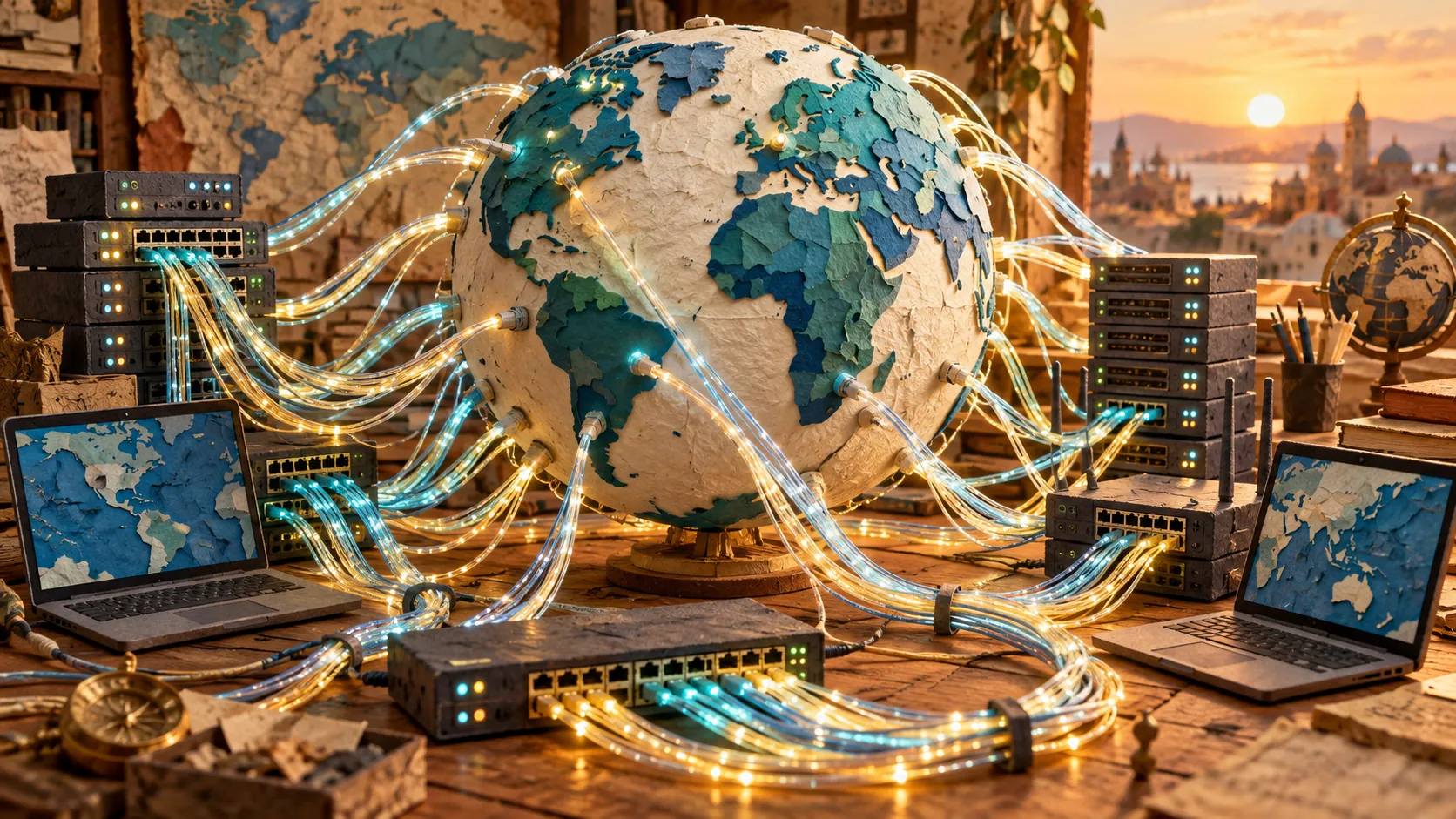 A papier-mâché globe on a desk trails glowing fibre-optic cables into network switches and open laptops showing world maps, a sunset city beyond the window.