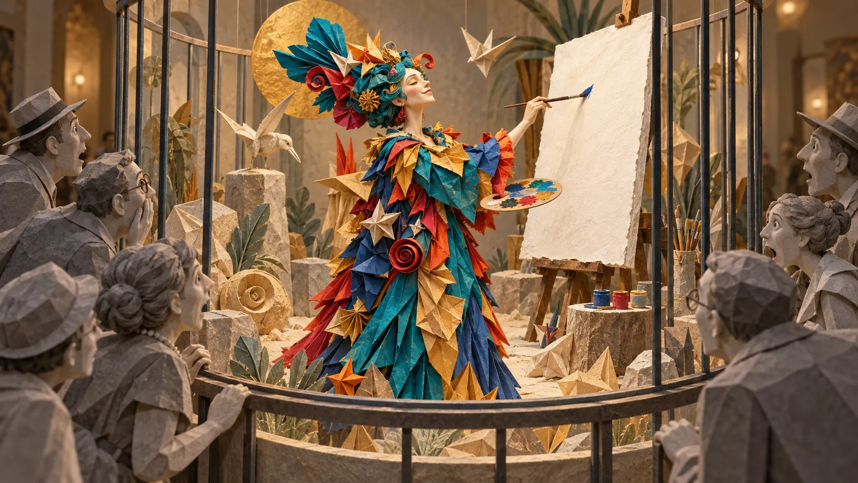 A figure dressed in layered bright paper petals paints at an easel inside a railed enclosure while a crowd of grey stone onlookers presses in to stare, paper cranes flying overhead.
