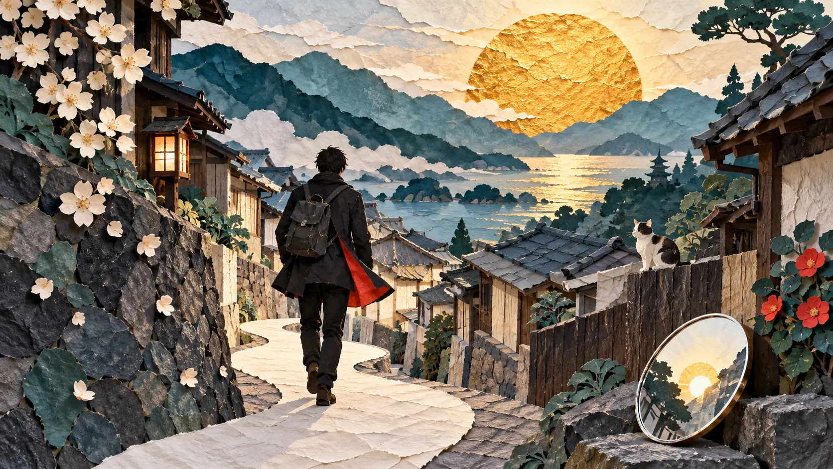 A man with a backpack and red scarf walks down a stone village lane toward a large golden sun over the sea, a cat on the wall beside him and blossom overhanging the path.
