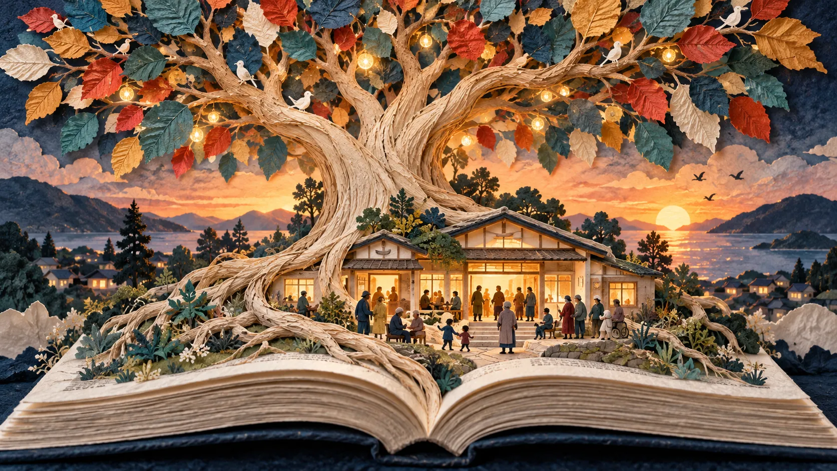 A pop-up book opens to a great spreading tree hung with lanterns, sheltering a lit community building where people have gathered, with the sea and mountains beyond at sunset.