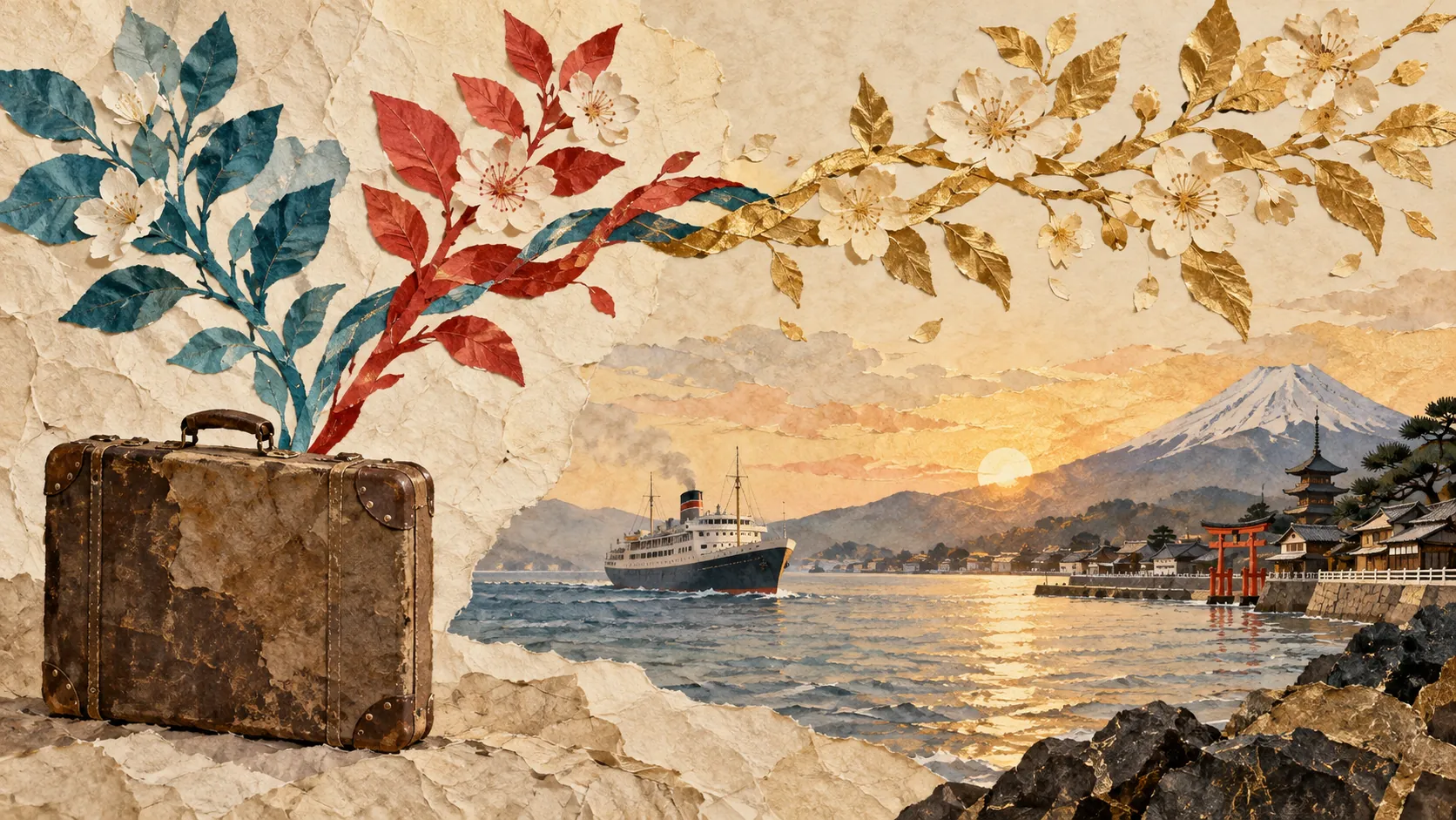 A worn suitcase stands against torn paper, red and teal leaves growing out of it, while an ocean liner passes Mount Fuji and a red torii gate at sunset.