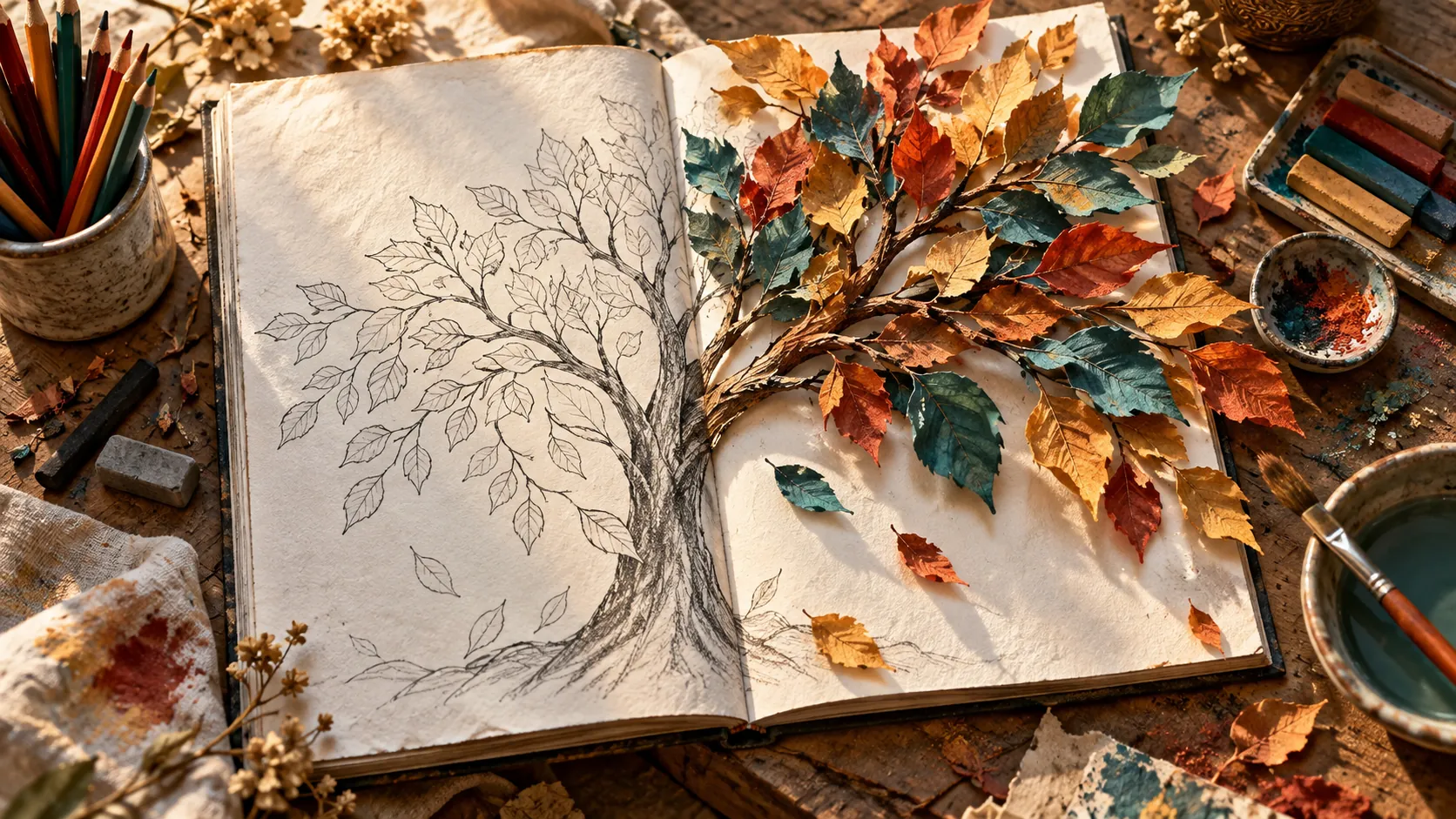 An open sketchbook shows the same tree twice: drawn in bare pencil outline on the left page, and bursting into layered coloured paper leaves on the right.