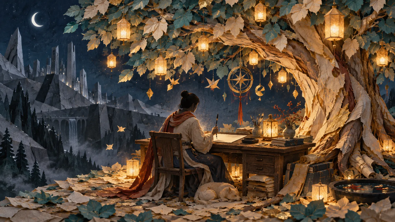 At night a person writes at a small desk beneath an enormous tree hung with lanterns and paper stars, a dog asleep at their feet and grey mountains in the distance.