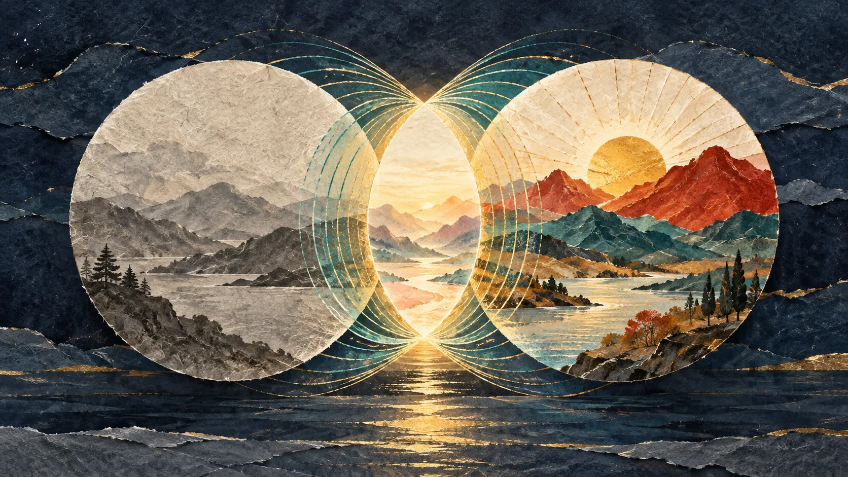 Two large circles overlap: the left holds a grey monochrome mountain landscape, the right a warm sunlit one, and where they meet a luminous golden centre opens over water.