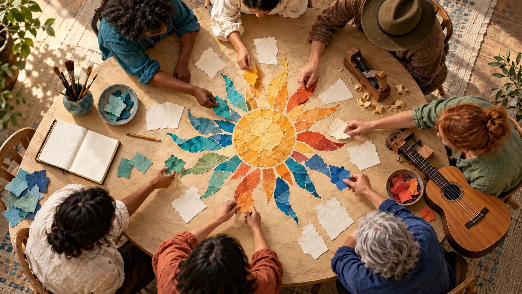 Seen from above, several people around a round table piece together a radiant sun from torn scraps of coloured paper, with brushes, a sketchbook and a guitar at the edges.