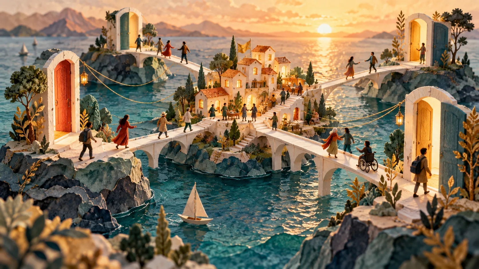 A paper-craft seascape of rocky islets, each carrying an arched doorway, linked by white bridges that people are crossing toward a lit village at sunset.
