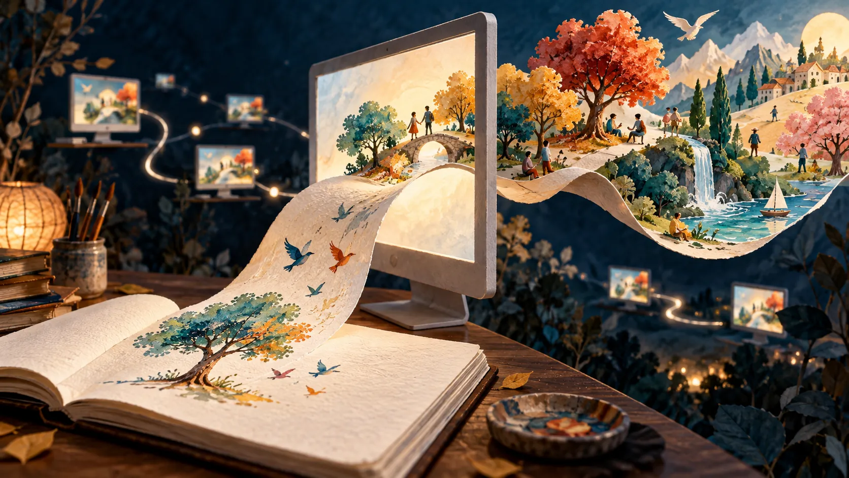 A painted landscape flows out of a computer monitor and continues down onto an open book on the desk below, with birds and a waterfall, and smaller lit screens scattered in the dark around it.