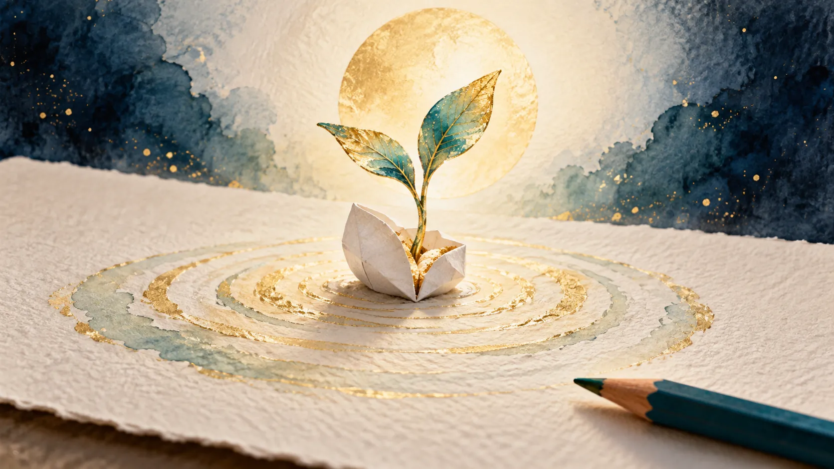 A small folded paper vessel holds a single green and gold sprout at the centre of concentric gold ripples on textured paper, a large moon glowing behind it.