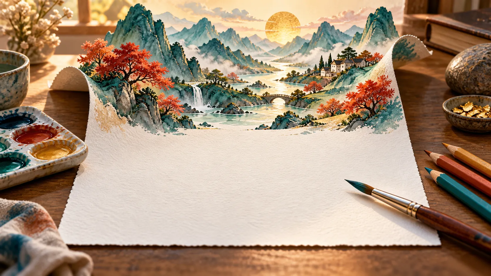 A sheet of paper on a desk is half finished: its upper portion has become a full watercolour landscape of mountains, a waterfall and red maples beneath the sun, while the lower half remains blank.